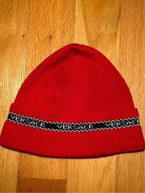 Versace Red Logo Tape Runway Beanie Hat